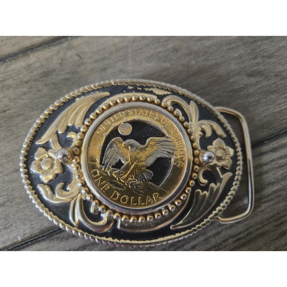 Vintage American Eagle Moon Landing One Dollar Gold Coin Belt Buckle Black Gold